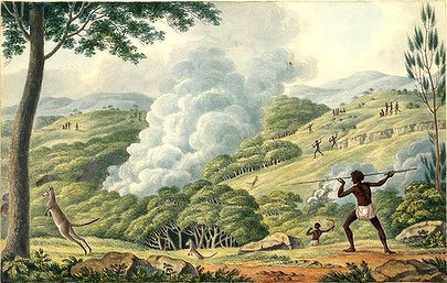 Cover Image, The Biggest Estate on Earth<br /> Joseph Lycett "Aborigines using Fire to Hunt Kangaroos" Watercolour, c1820